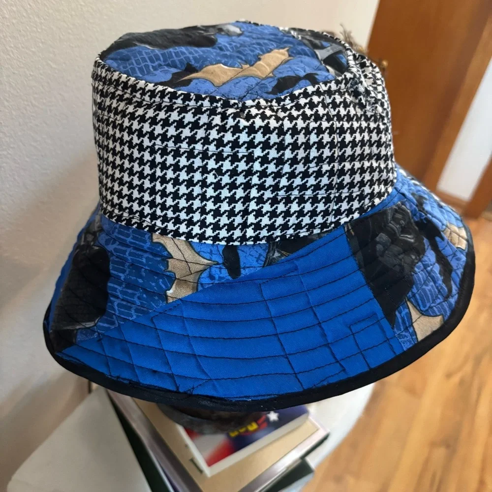 22” Batman/Houndstooth‎ Blue and Black Reversible Bucket Hat Hand Crafted 003